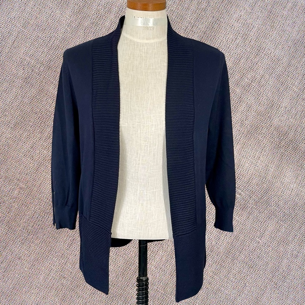 Carmen Marc Valvo Navy Blue Open Front 3/4 Sleeve Cardigan Sweater SzM